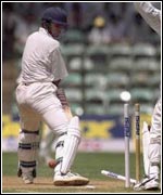 Shane Warne bowling Dravid round his legs