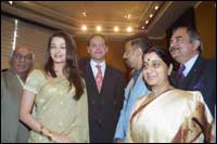 Film-maker Yash Chopra, actress Aishwarya Rai, Star CEO Jamesh Murdoch, actor Kamal Haasan, I&B Minister Sushma Swaraj at the FICCI-FRAMES conference in Mumbai on Friday. Photo: Jewella C. Miranda