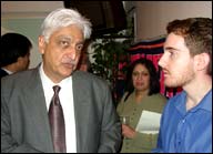 Wipro Chairman Azim Premji talking to a newsman at the Maharaja restaurant in Manhattan on Nov 12. Photo: Mohammed Jaffer/SnapsIndia