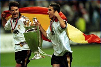 Raul and Fernando Morientes of Real Madrid celebrate their European Cup win