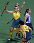 Australians Juliet Haslam and Rechelle Hawkes (14) celebrate after scoring their second goal. REUTERS/Jason Reed 