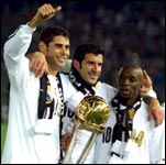 Real's Fernando Hierro, Luis Figo, Claude Makelele with the World club trophy