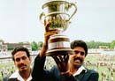 Kapil Dev and Mohinder Amarnath with the 1983 World Cup